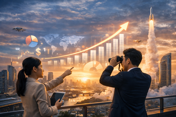 Future financial planning concept with professionals analyzing economic growth, investment trends, and rising costs related to childcare and family expenses