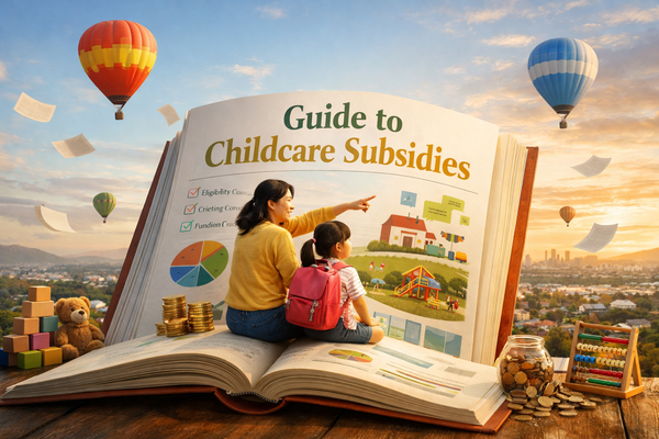Guide to childcare subsidies illustration with parent and child reading financial aid book, showcasing savings, eligibility, and preschool support options