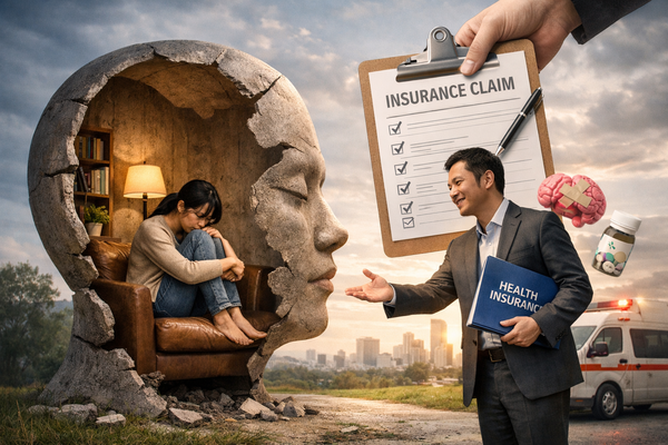 Concept illustration of mental health insurance claim showing distressed woman inside broken head sculpture and advisor holding health insurance policy.