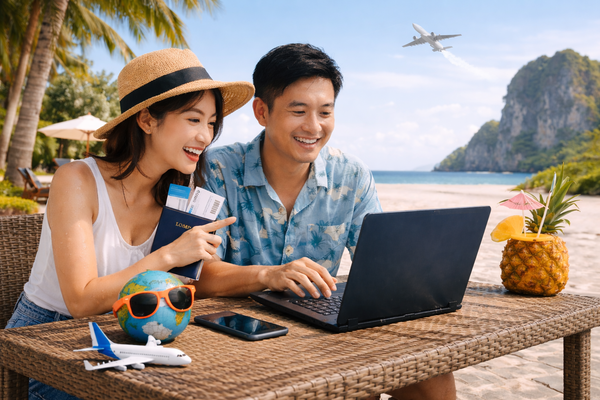 Couple booking vacation online on tropical beach with laptop and credit card, travel rewards and international spending concept.
