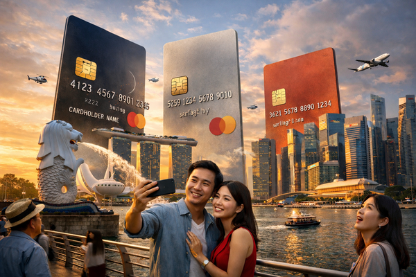 Couple taking selfie at Marina Bay Sands Singapore with giant credit cards and city skyline, travel rewards credit card promotion concept.