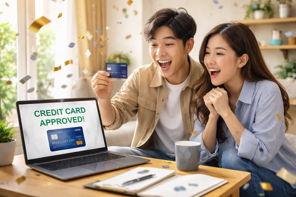 Excited couple celebrating credit card approval at home with laptop displaying “Credit Card Approved,” personal finance and instant approval concept.