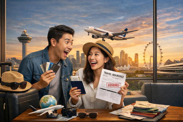 Happy couple at airport holding passports, credit cards, and travel insurance document with airplane taking off in background, travel credit card benefits concept.