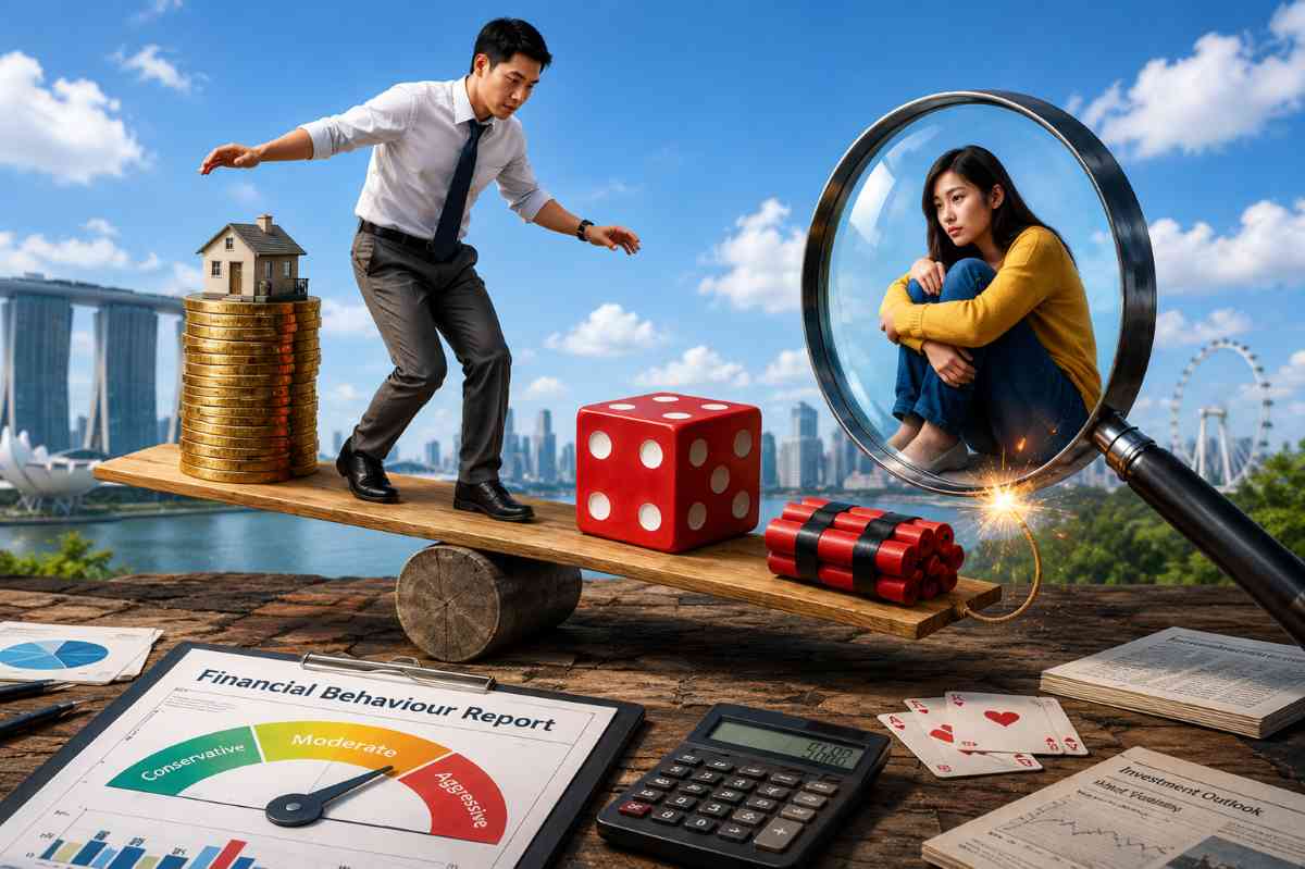 Man balancing financial risks on a seesaw illustrating challenges to financial independence in Singapore