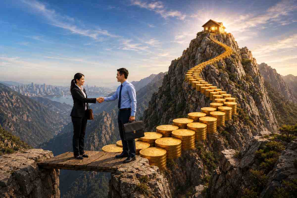 Two professionals shaking hands beside a coin pathway leading to a mountain house symbolising financial independence planning