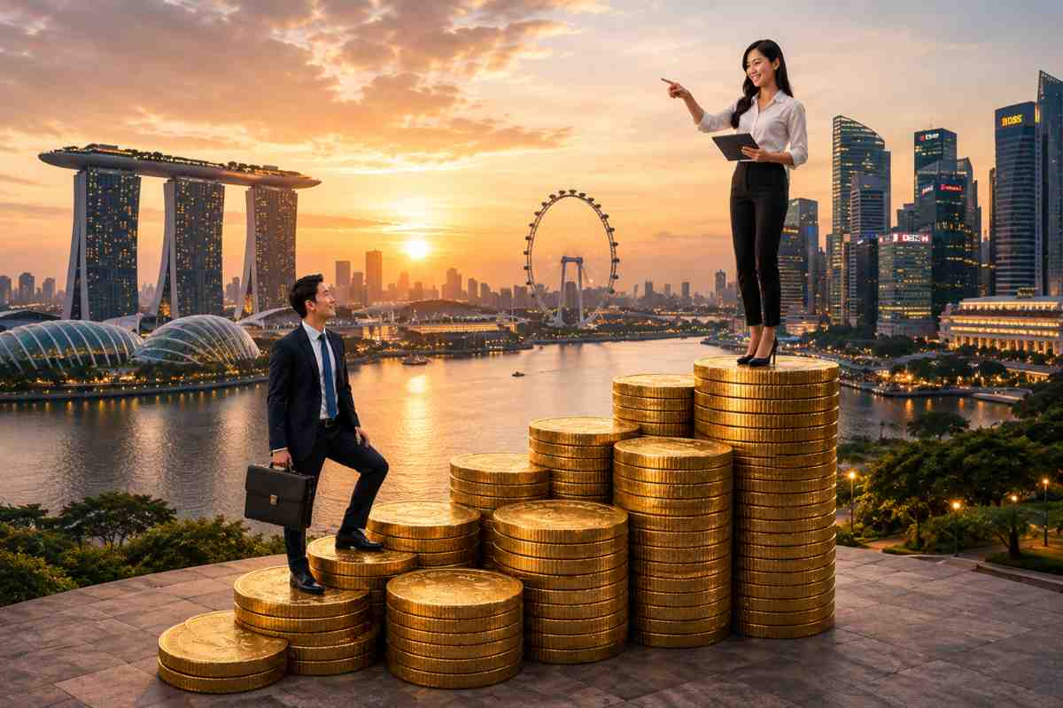 Businesswoman standing on rising stacks of coins representing career growth and financial independence in Singapore