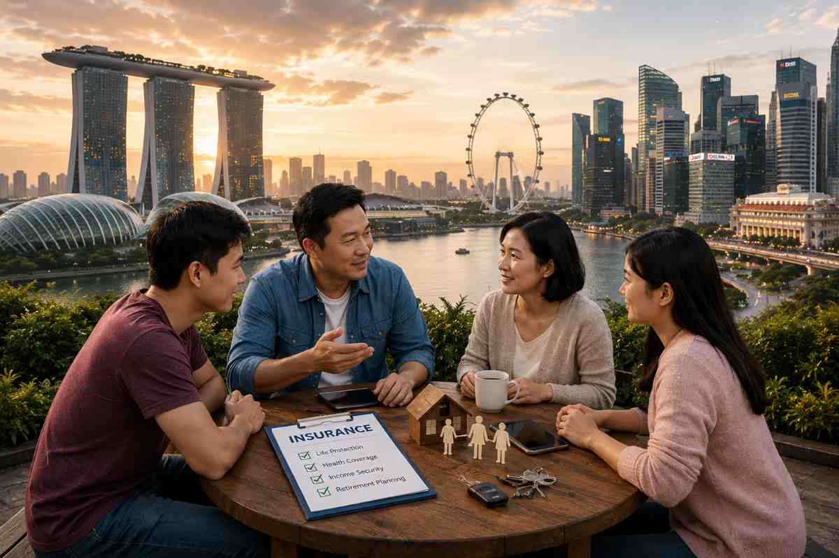 Family discussing insurance and retirement planning for financial independence in Singapore