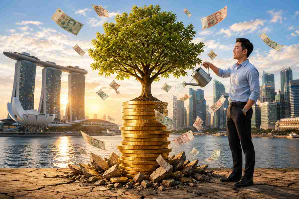 Man watering a money tree growing from stacked coins symbolising financial independence and wealth growth in Singapore