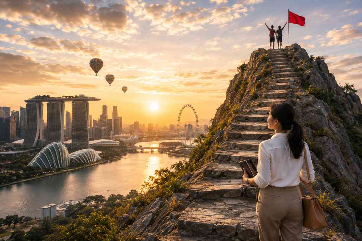 Woman overlooking Singapore skyline and mountain summit symbolising financial independence goals in Singapore