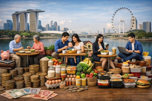 Families and young professionals eating meals with groceries, coins, and food containers near Marina Bay Sands in Singapore, illustrating food budget and cost of living in Singapore.
