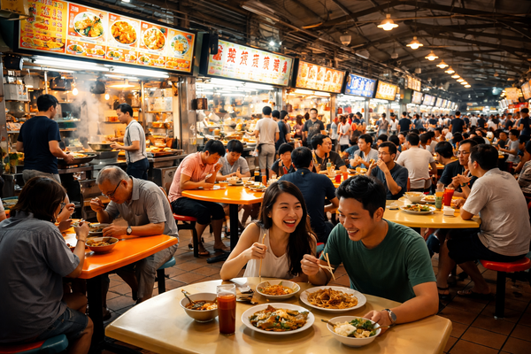 Busy Singapore hawker centre with people enjoying affordable local food, illustrating everyday dining and food culture in Singapore.