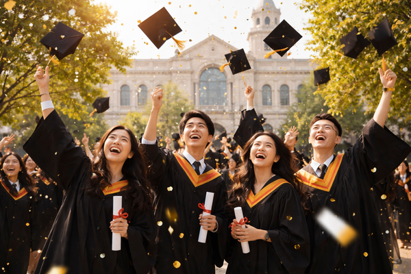 Group of university graduates celebrating graduation ceremony outdoors, throwing caps in the air after completing their degrees