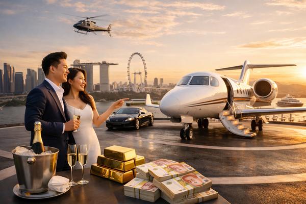 Luxury lifestyle with private jet, champagne, gold bars and cash in Singapore skyline, representing high net worth and accredited investor wealth