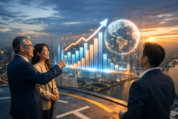 Business professionals viewing rising investment chart and global market growth in Singapore city, symbolizing wealth building and financial success
