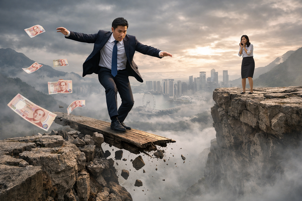 Man crossing risky gap with money falling, illustrating investment risk, financial decisions and wealth uncertainty