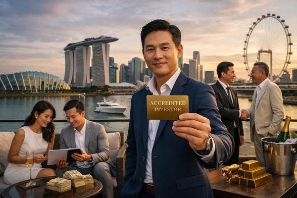 Man holding accredited investor card in Singapore with Marina Bay skyline, representing high net worth status and investment eligibility