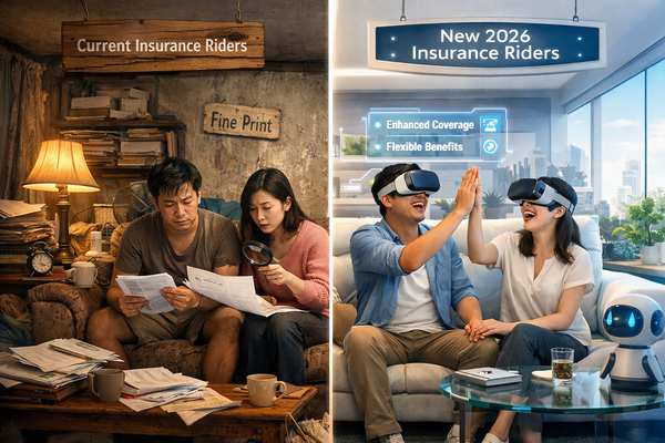 Comparison of old vs new insurance riders showing fine print confusion versus enhanced coverage and flexible benefits in Singapore