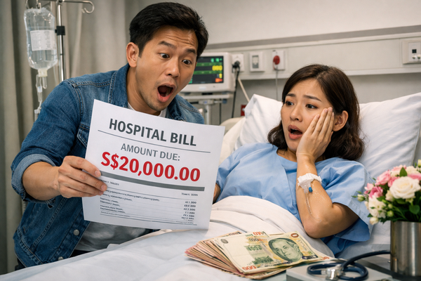 Couple reacting to large hospital bill in Singapore with cash on table, highlighting healthcare costs and insurance importance