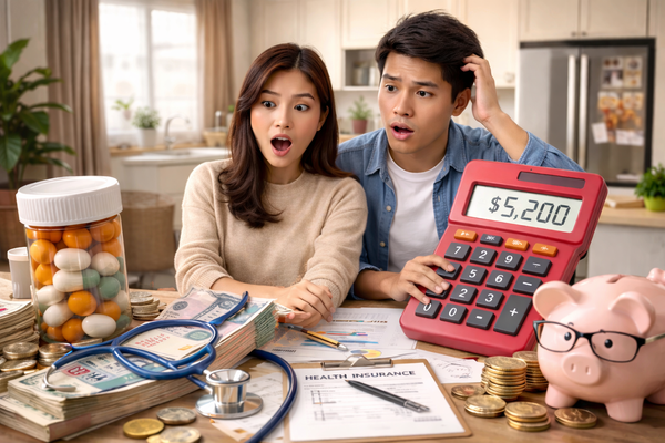 Couple shocked by rising health insurance costs with calculator, bills and savings, illustrating medical expenses and financial planning