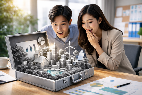 Couple analyzing miniature city and financial charts emerging from a briefcase, symbolizing investment planning and opportunities in silver and precious metals.