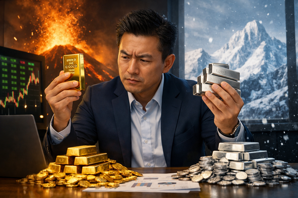 Investor comparing gold bar and silver bars while analyzing market charts, representing the decision between gold vs silver investment during market volatility.