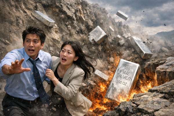 Couple running from collapsing rocks and falling silver bars, symbolizing silver market volatility and risks in precious metals investment.
