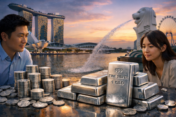 Couple looking at silver bars and coins near Marina Bay Sands and Merlion in Singapore, representing silver investment and precious metals trading.