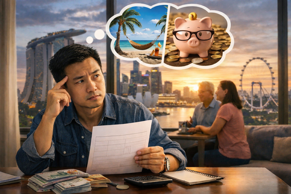 Man in Singapore reviewing finances and planning retirement with thoughts of savings, investments, and beach lifestyle with Marina Bay skyline in background.