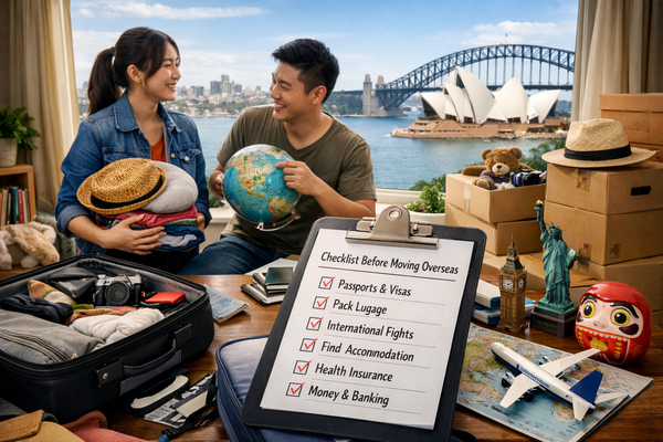Couple preparing to move overseas from Singapore packing luggage with checklist including visas, flights, accommodation, health insurance, and banking.