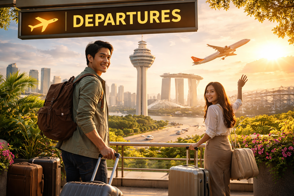 Young couple leaving Singapore with suitcases under airport departures sign with airplane flying over Marina Bay skyline.