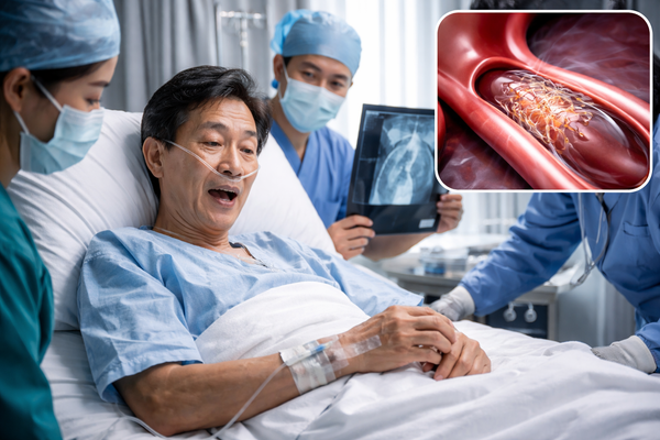 Male patient recovering in hospital bed with doctors reviewing chest X-ray and heart artery blockage graphic, symbolizing cardiovascular treatment, surgery costs, and ongoing medical care.