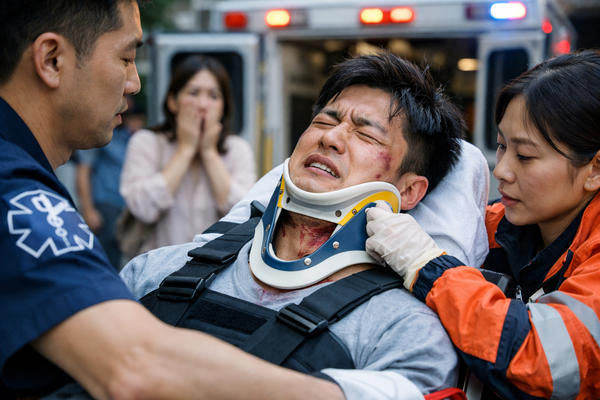Injured man wearing neck brace being treated by paramedics near ambulance after accident, representing emergency medical services, trauma care, and unexpected hospital bills.