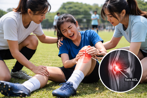 Young female soccer player with torn ACL knee injury on field, teammates assisting, showing sports injury treatment, emergency care, and orthopedic medical costs.