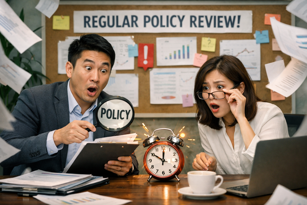 Couple reviewing health insurance policy documents with magnifying glass and alarm clock, highlighting regular policy review, coverage details, and managing medical expenses.