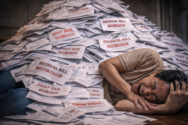 Overwhelmed man lying under a pile of past due medical bills and final notices, illustrating rising hospital costs, healthcare debt, and financial stress from unpaid medical expenses.