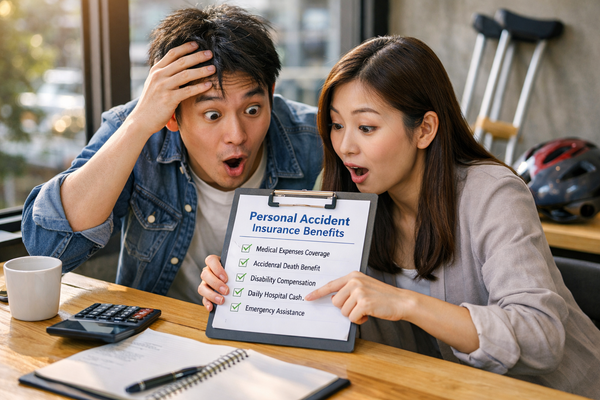 Couple surprised while reviewing personal accident insurance benefits including medical expenses coverage and disability compensation.