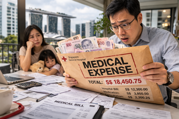Man shocked by large hospital medical bill while holding envelope with cash, illustrating financial burden of medical expenses without adequate insurance.
