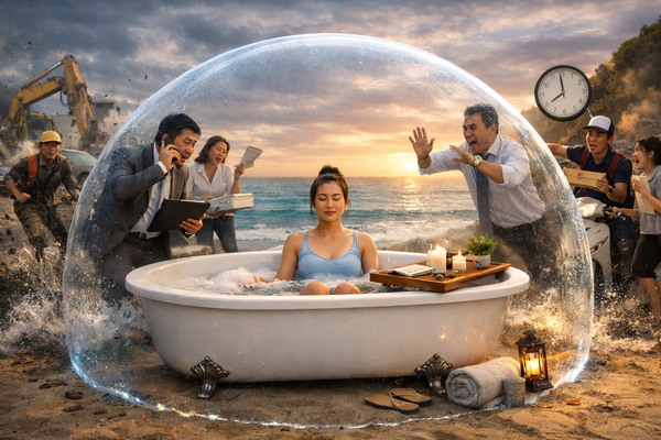 Woman relaxing in bathtub under protective bubble while chaos surrounds her, self-care and boundaries to prevent caregiver burnout concept.
