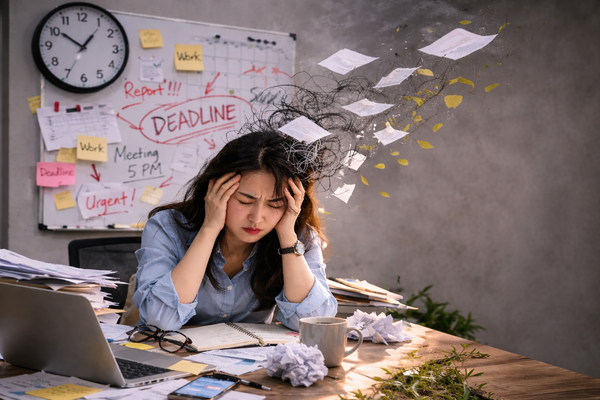 Stressed woman at desk overwhelmed by deadlines and paperwork, caregiver stress management and work-life balance concept.