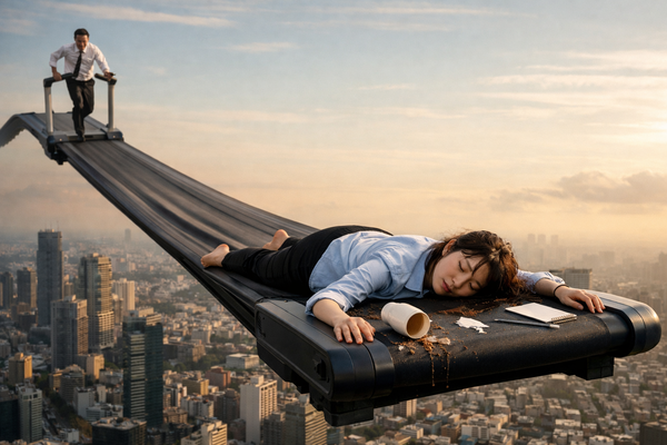 Overworked businesswoman collapsed on treadmill above city skyline, extreme stress and caregiver burnout metaphor.
