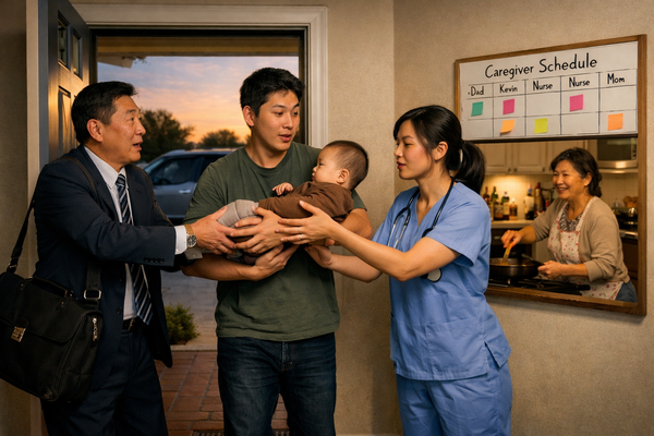 Family coordinating baby handoff with nurse and caregiver schedule on wall, shared caregiving responsibilities and family support planning concept.