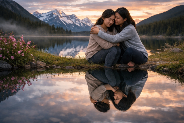 Two women embracing by mountain lake at sunset, emotional support for caregivers and mental health wellness concept.