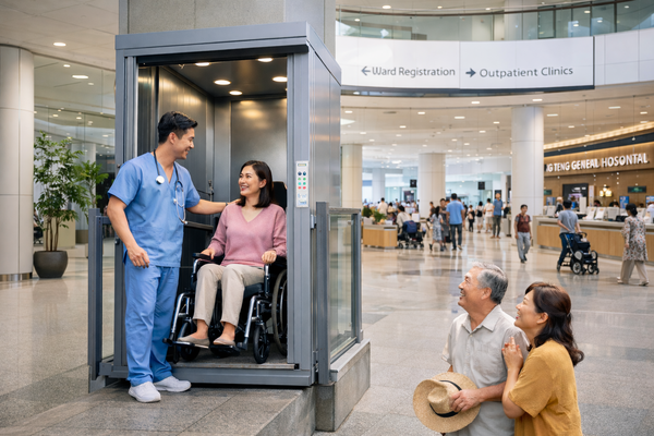 Nurse assisting patient in wheelchair lift at hospital while family watches, professional caregiving support and elder care services concept.