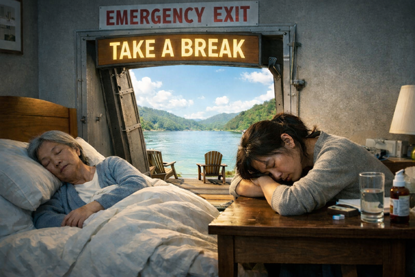 Exhausted family caregiver sleeping beside elderly patient with “Take a Break” sign and peaceful lake view, caregiver burnout and respite care concept.
