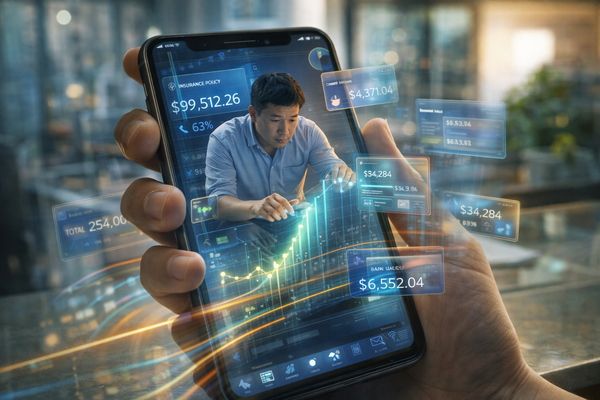 Close-up of smartphone displaying investment portfolio growth and financial analytics dashboard with charts and balances, representing fintech and personal finance tracking.