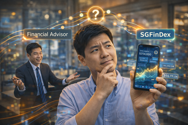 Man comparing financial advisor and SGFinDex app on smartphone, highlighting digital financial planning, investment insights, and decision-making tools.