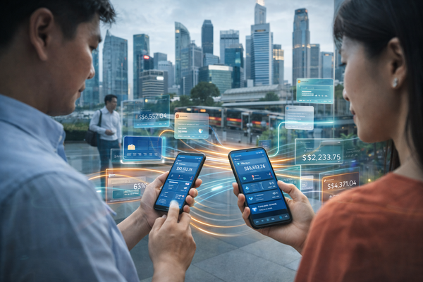 Two people using mobile banking apps with real-time financial data overlays in a modern city skyline, illustrating digital finance and smart money management.
