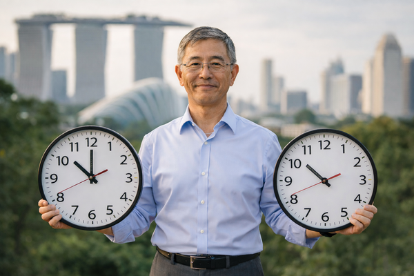 Senior man holding two wall clocks outdoors with Singapore skyline, retirement planning and time management concept.