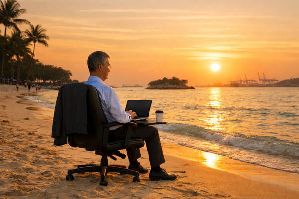 Mature businessman working remotely on laptop from beach at sunset, unretirement lifestyle and flexible retirement career concept.