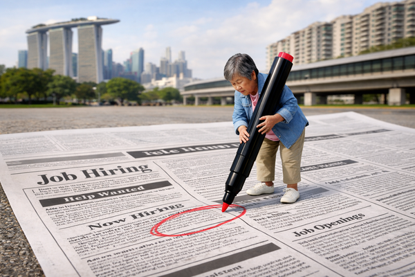 Older man circling job hiring advertisement on oversized newspaper with giant marker, senior employment and job search concept.